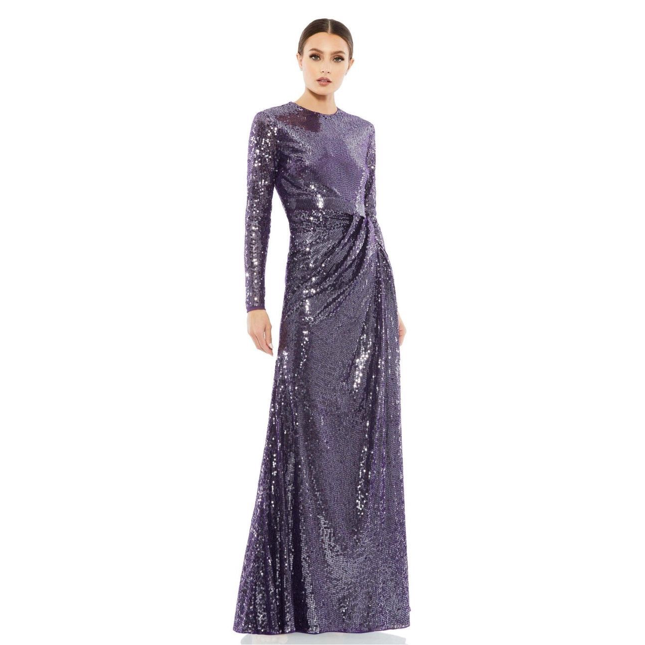 Mac Duggal Sequined High Neck Long Sleeve Draped Gown